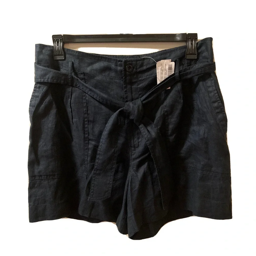 LAUREN RALPH LAUREN Shorts Linen‎ NWT Womens Blue Pockets Tie Belt Size 12 $79